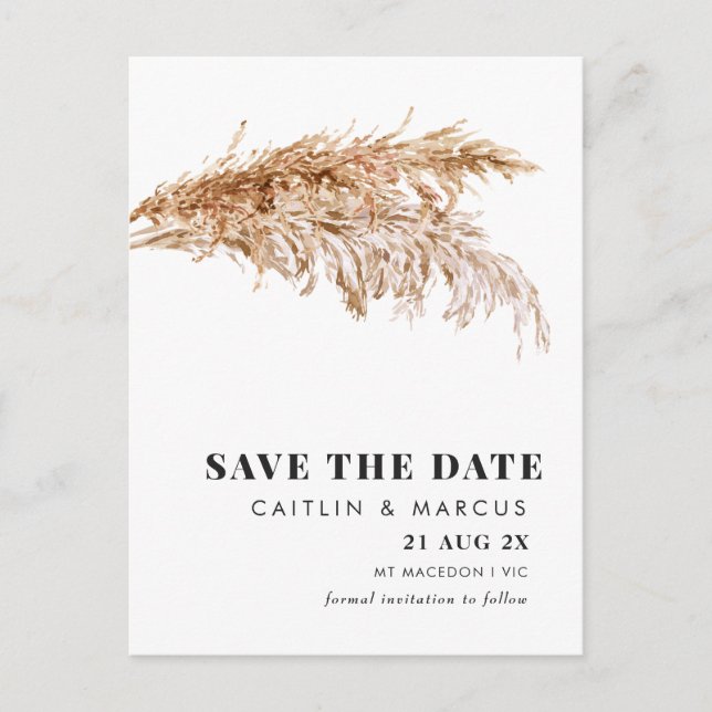 Cartão Postal De Festividades Modern Pampas Wedding Save The Date Postcard (Frente)