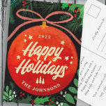 Cartão Postal De Festividades Modern Red Christmas Ball Ornament Botanical<br><div class="desc">Design is composed of a red Christmas ornament on a dark background. Add your family's name,  year,  and custom message.

Available here:
http://www.zazzle.com/store/selectpartysupplies</div>