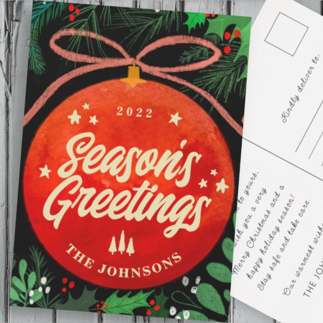 Cartão Postal De Festividades Modern Red Christmas Ball Ornament Botanical (Criador carregado)