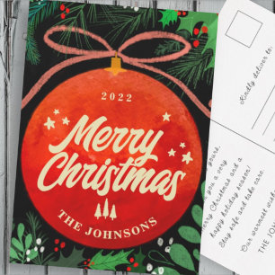 Cartão Postal De Festividades Modern Red Christmas Ball Ornament Botanical