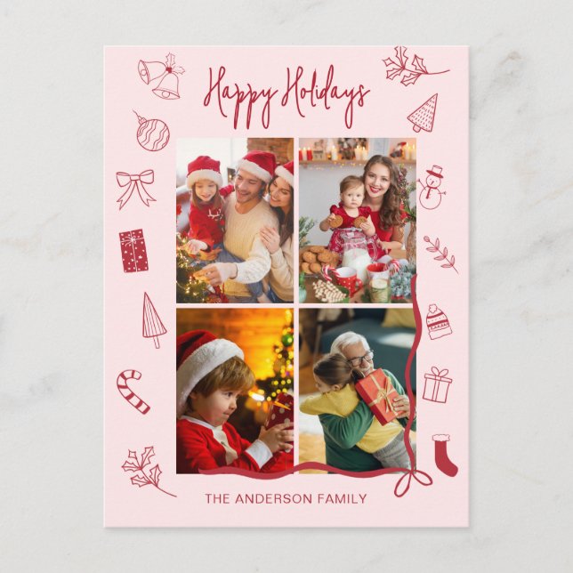 Cartão Postal De Festividades Modern Red Pink Holiday Family Collage (Frente)