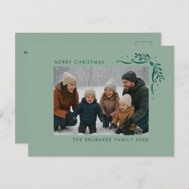 Cartão Postal De Festividades Modern Sage Hand Drawn Bows Christmas Photo (Frente/Verso)