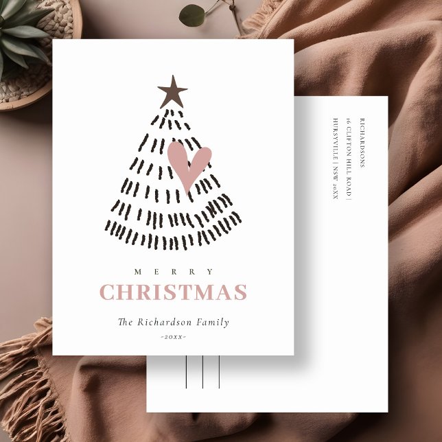 Cartão Postal De Festividades Modern Scandi Minimal Blush Heart Christmas Tree (Criador carregado)