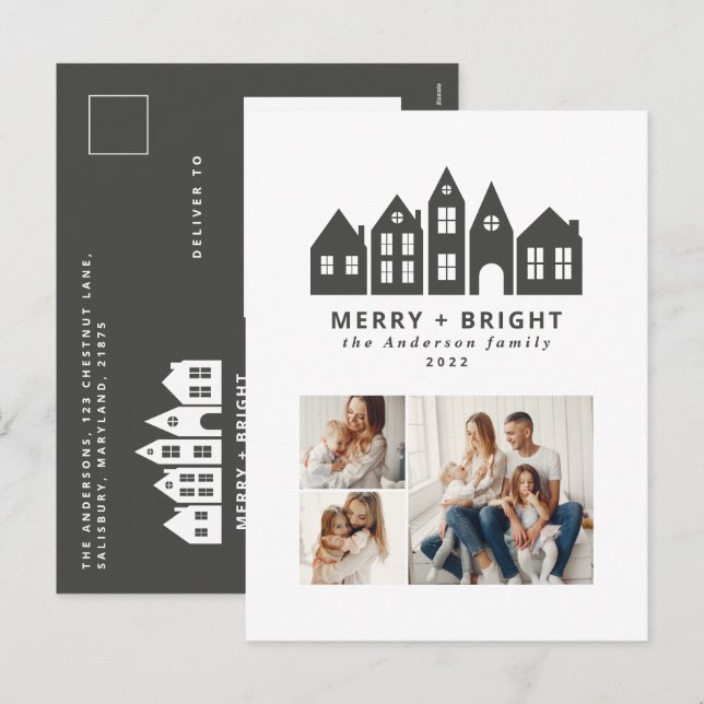Cartão Postal De Festividades Moderno Natal Mínimo Casas Nórdicas 3 Photo Hol (Frente/Verso)