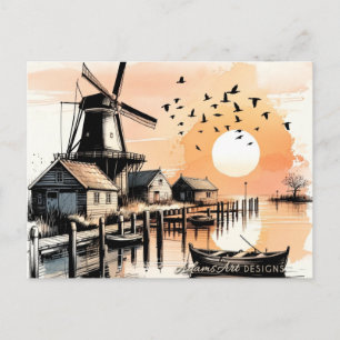 Cartão Postal De Festividades Moinho de Vento Sereno Porto do Pôr do Sol