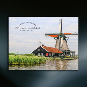Cartão Postal De Festividades Moinho de vento Zaanse Schans Aquarela Patrimônio