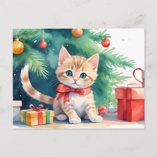 Cartão Postal De Festividades Molho de Natal Aquarela Laranja Tabby Kitten (Frente)