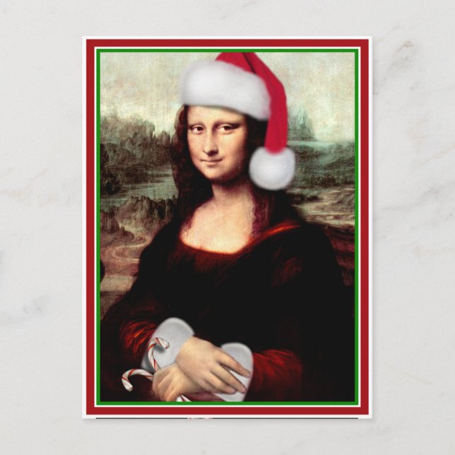 Cartão Postal De Festividades Mona de Natal Lisa Com Papai Noel (Frente)