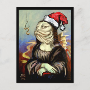 Cartão Postal De Festividades Mona Lisa como um Peixe num Chapéu Santa