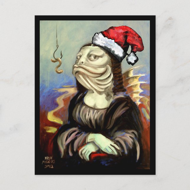 Cartão Postal De Festividades Mona Lisa como um Peixe num Chapéu Santa (Frente)