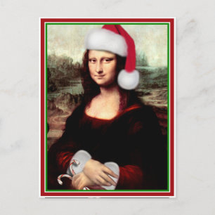 Cartão Postal De Festividades Mona Lisa de Natal com Chapéu de Papai Noel