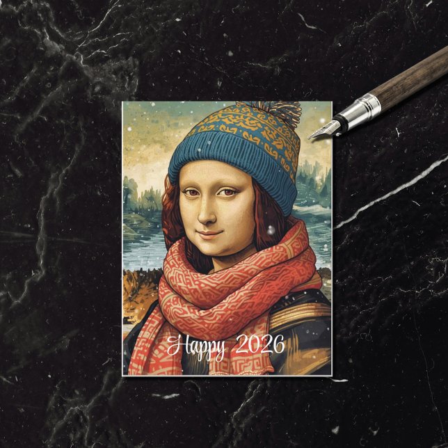 Cartão Postal De Festividades Mona Lisa  in beanie  - Happy 2026 (Criador carregado)