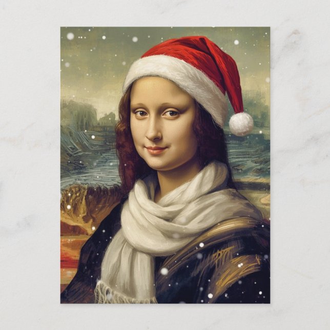 Cartão Postal De Festividades Mona Lisa  in Santa  hat - festive vibes (Frente)