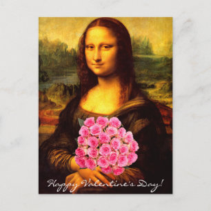 Cartão Postal De Festividades Mona Lisa With Bouquet Of Pink Roses