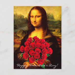 Cartão Postal De Festividades Mona Lisa With Bouquet Of Red Roses