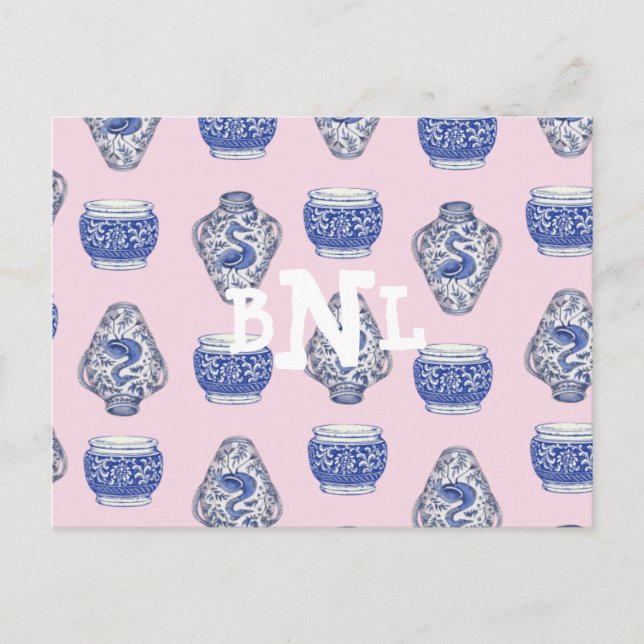 Cartão Postal De Festividades Monograma Chinoisserie Ginger Jar Rosa (Frente)