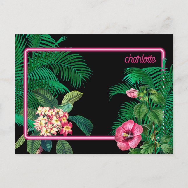 Cartão Postal De Festividades Monograma de Botânica Tropical Neon Pink (Frente)