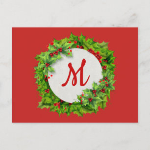 Cartão Postal De Festividades Monograma Holly Berry Wreath