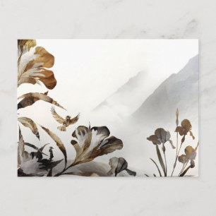 Cartão Postal De Festividades Montanha Nebulosa Zen Pássaros Minimalista Naturez