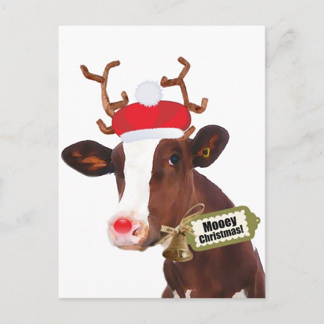 Cartão Postal De Festividades Mooey Felry Christmas Reindeer Cow (Frente)