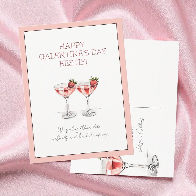 Cartão Postal De Festividades Morango Rosa, Rosa, Martini Galentine Dia (Cute Pink Strawberry Martini Galentine's Day Holiday Postcard)