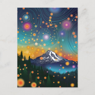 Cartão Postal De Festividades Mt. Rainier w Eveny Starry Sky e Fireflies
