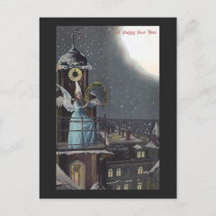 Cartão Postal De Festividades Mulher alada no Clocktower Vintage Ano Novo