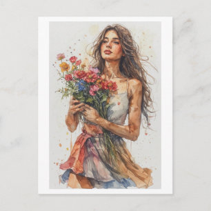Cartão Postal De Festividades Mulher aquarela carregando Flores em uma