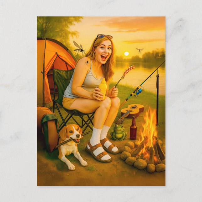 Cartão Postal De Festividades Mulher assustada com cão e tenda (Frente)