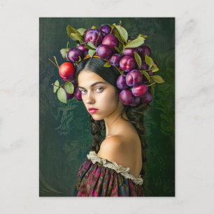 Cartão Postal De Festividades Mulher com Uva e Coroa de Ameixa