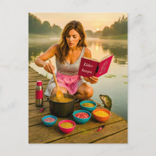 Cartão Postal De Festividades Mulher Cozinhando Isca Brilhante para peixe no Cai
