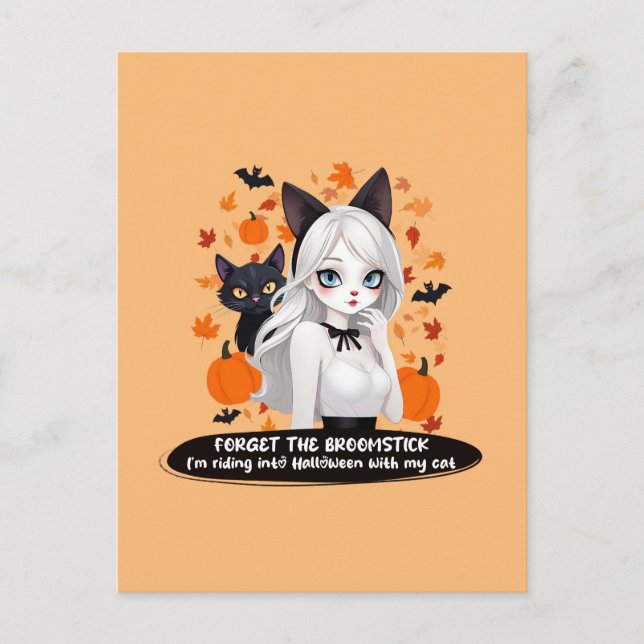 Cartão Postal De Festividades Mulher de anime com gato preto. (Frente)