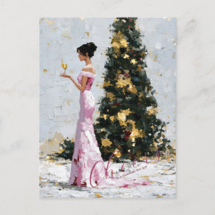 Cartão Postal De Festividades Mulher Elegante com Impasto e Árvore de Natal Ano 