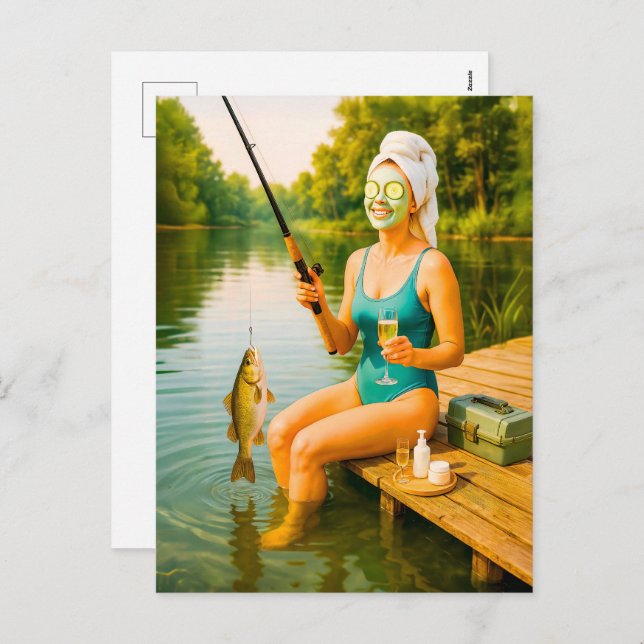 Cartão Postal De Festividades Mulher em Bikini pescando de Wooden Dock (Frente/Verso)