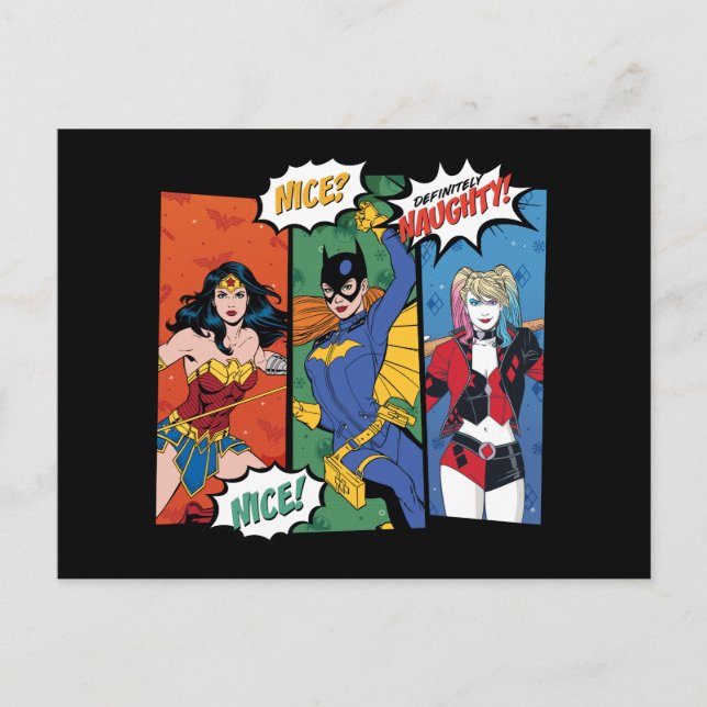 Cartão Postal De Festividades Mulher Maravilha, Batgirl e Harley Quinn Holiday (Frente)
