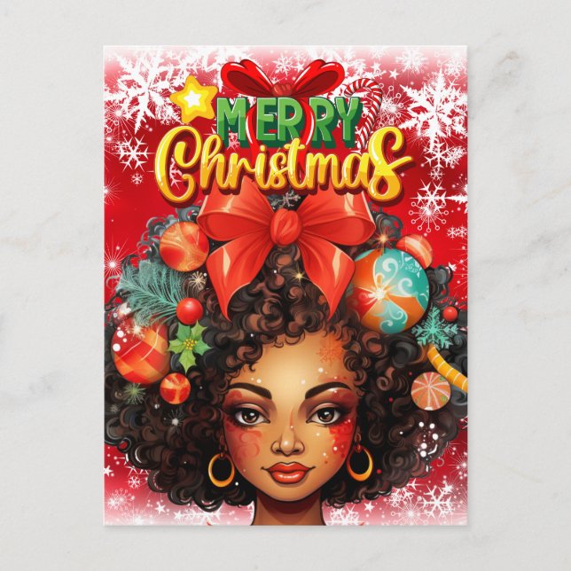 Cartão Postal De Festividades Mulher Negra Melanin Árvore de Natal Ornamentos de (Frente)