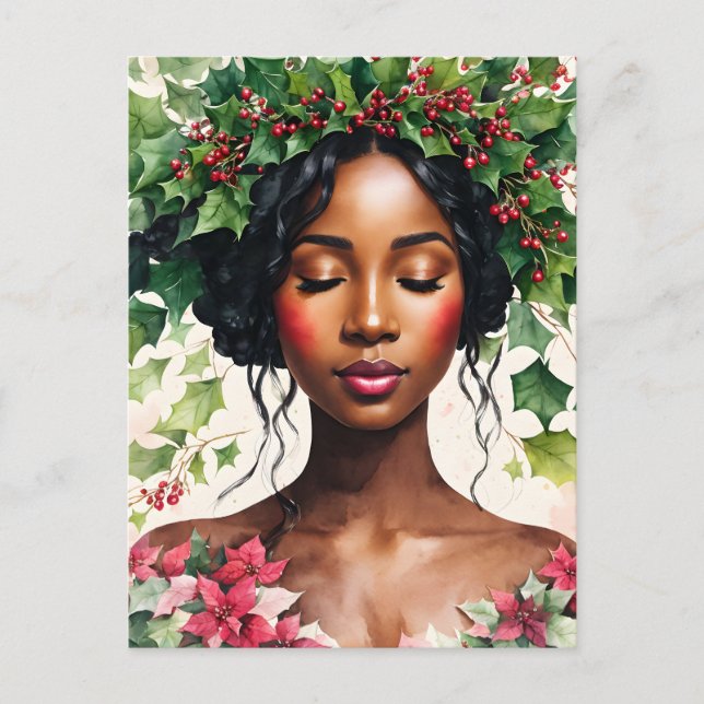 Cartão Postal De Festividades Mulher Negra Natal Holly Poinsettia Art (Frente)