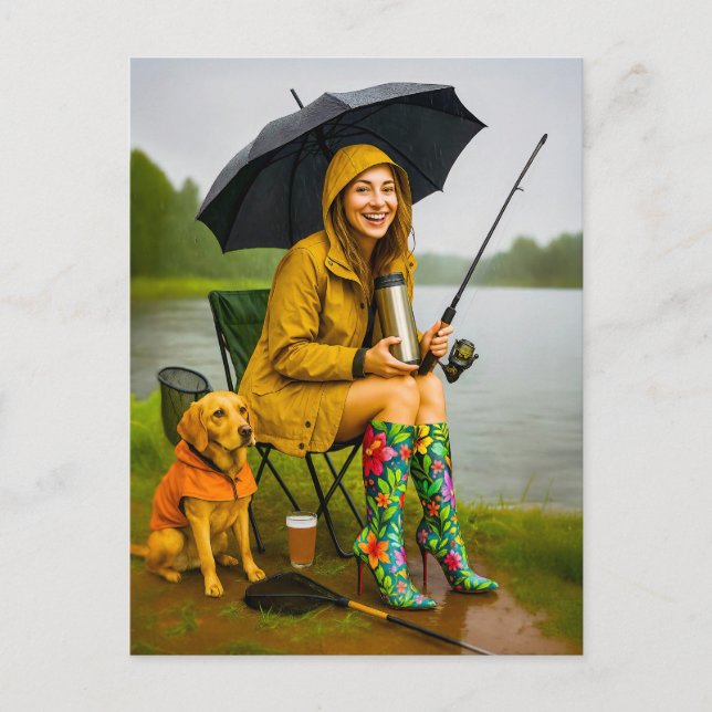 Cartão Postal De Festividades Mulher pescando capuz e Na moda (Frente)