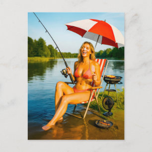 Cartão Postal De Festividades Mulher Pescando Debaixo de Guarda-Sol Enquanto Com