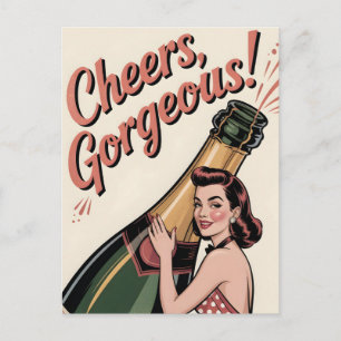 Cartão Postal De Festividades Mulher Pin-Up e Texto "Saúde, Lindíssima!"