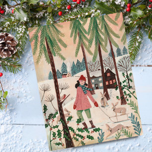 Cartão Postal De Festividades Mulher rosa bonita e aldeia de neve de coelho