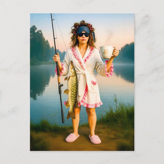 Cartão Postal De Festividades Mulher sonolenta em roupão pega pique grande (Frente)