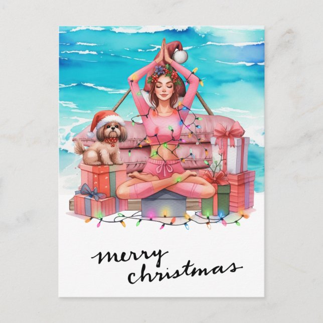 Cartão Postal De Festividades Mulher Yoga com presentes no Natal da Praia temia (Frente)