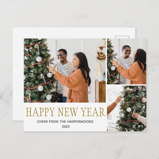 Cartão Postal De Festividades Multifoto do Feliz ano novo 3 Moderno Elegante (Frente/Verso)