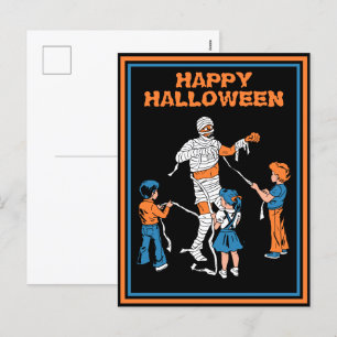 Cartão Postal De Festividades Múmia de terror com crianças no halloween