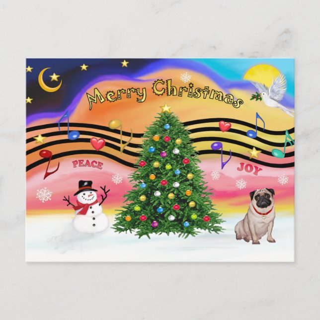 Cartão Postal De Festividades Música de Natal 2 - Pug (falso) (Frente)