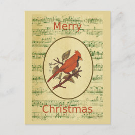 Cartão Postal De Festividades Música Verde do Cardinho de Pássaro Vermelho Natal