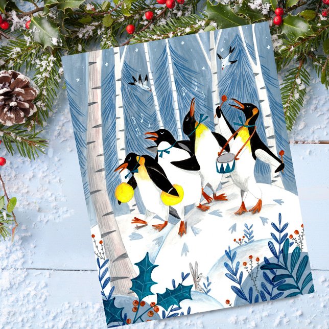 Cartão Postal De Festividades Músicos azuis e bonitos pinguins de neve diversão (Cute blue musicians penguins snow fun holiday card)