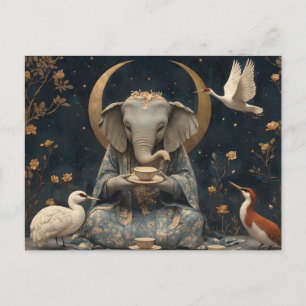 Cartão Postal De Festividades Mystical Elephant Tea Party Sob Lua Crescente