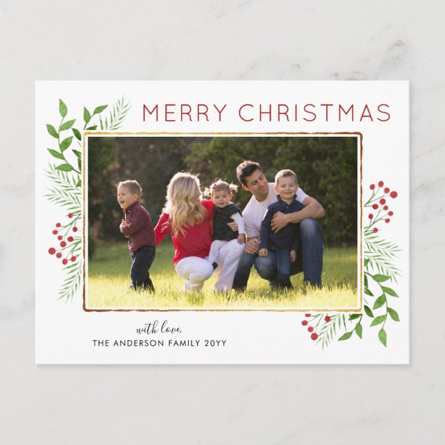 Cartão Postal De Festividades Na moda Feliz Natal Deixa Foliage Berry Foto (Frente)